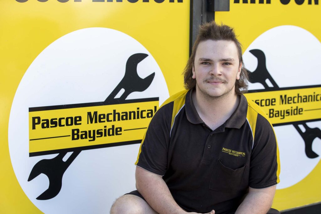 Beau Sokolski, apprentice automotive technician learning from experienced mechanics at Pascoe Mechanical Ormiston